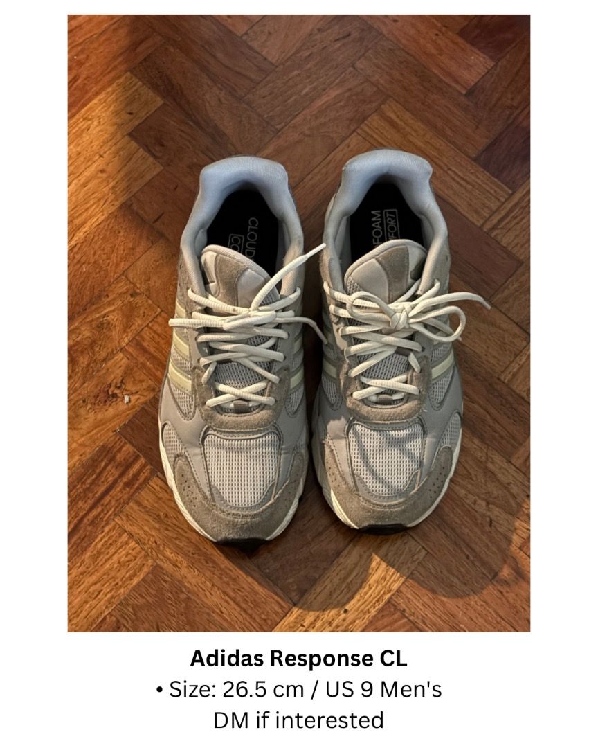 Adidas Response CL Grey US 9 Men's (Category: Sneakers) located in Pasig City. Submitted by orangutan47 (Listing ID 1468853381, Image 1). Description: - Brand: Adidas - Model: Response CL - Color: Grey - Size: 26.5 cm / US 9 Men's - Style: Chunky dad shoe with mesh upper and suede overlays - Condition: Clean uppers and laces, normal wear on rubber outsole treads, ready to wear - Shoes only (no original box).