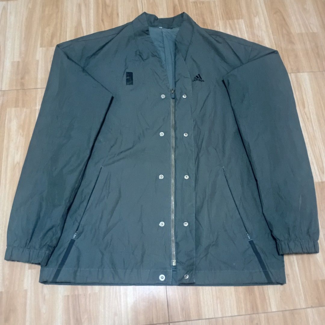 Adidas vintage style button up & fullzip coach jacket dark grey (Category: Coats, Jackets and Outerwear) located in Lingayen. Submitted by prince-cacatian (Listing ID 1468800564, Image 1). Description: Size/dimes W22 L28 Good condition Issue cut tag Color rate 10-10 .