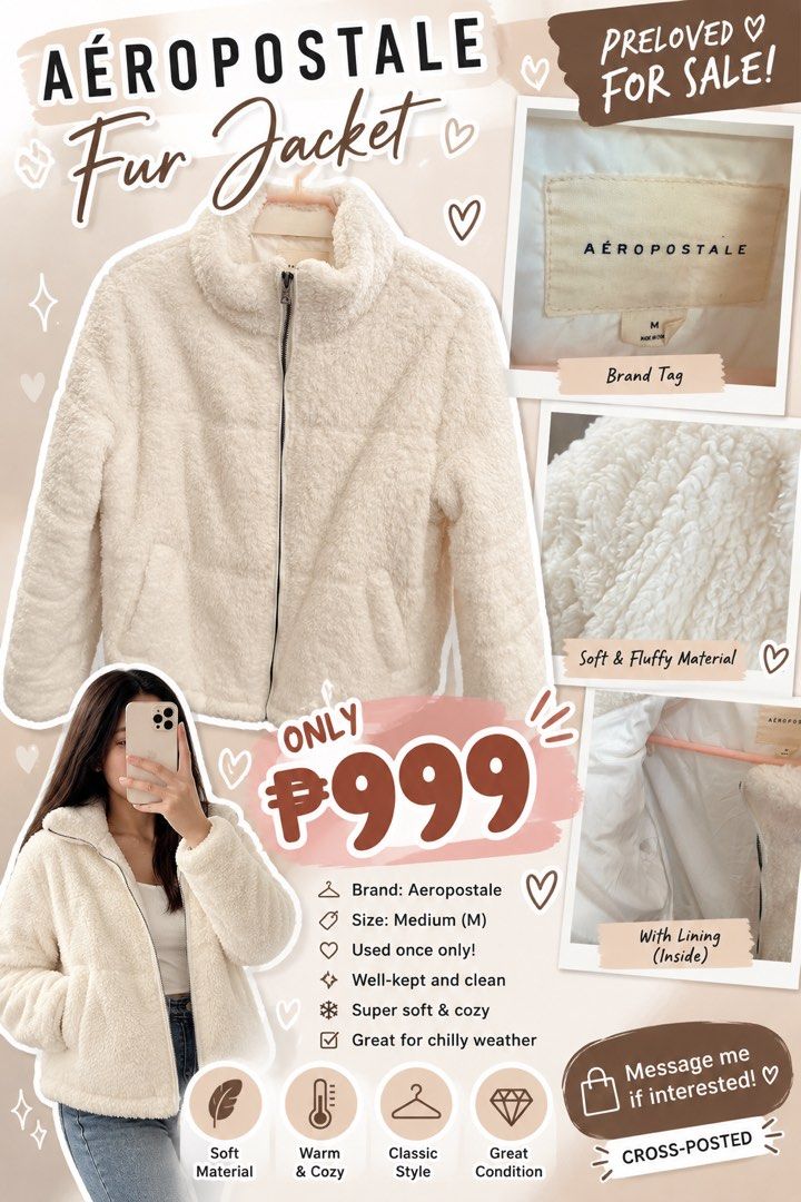 Aeropostale Cream Fur Jacket Medium (Category: Coats, Jackets and Outerwear) located in Arayat. Submitted by nanungburimu (Listing ID 1468826314, Image 1). Description: - Brand: Aeropostale - Size: Medium - Condition: Worn once, super clean and well-maintained - Material: Soft, fluffy fur with comfortable inner lining - Features: Full zipper closure and two front pockets - Perfect for: Staying warm and cozy during chilly weather.