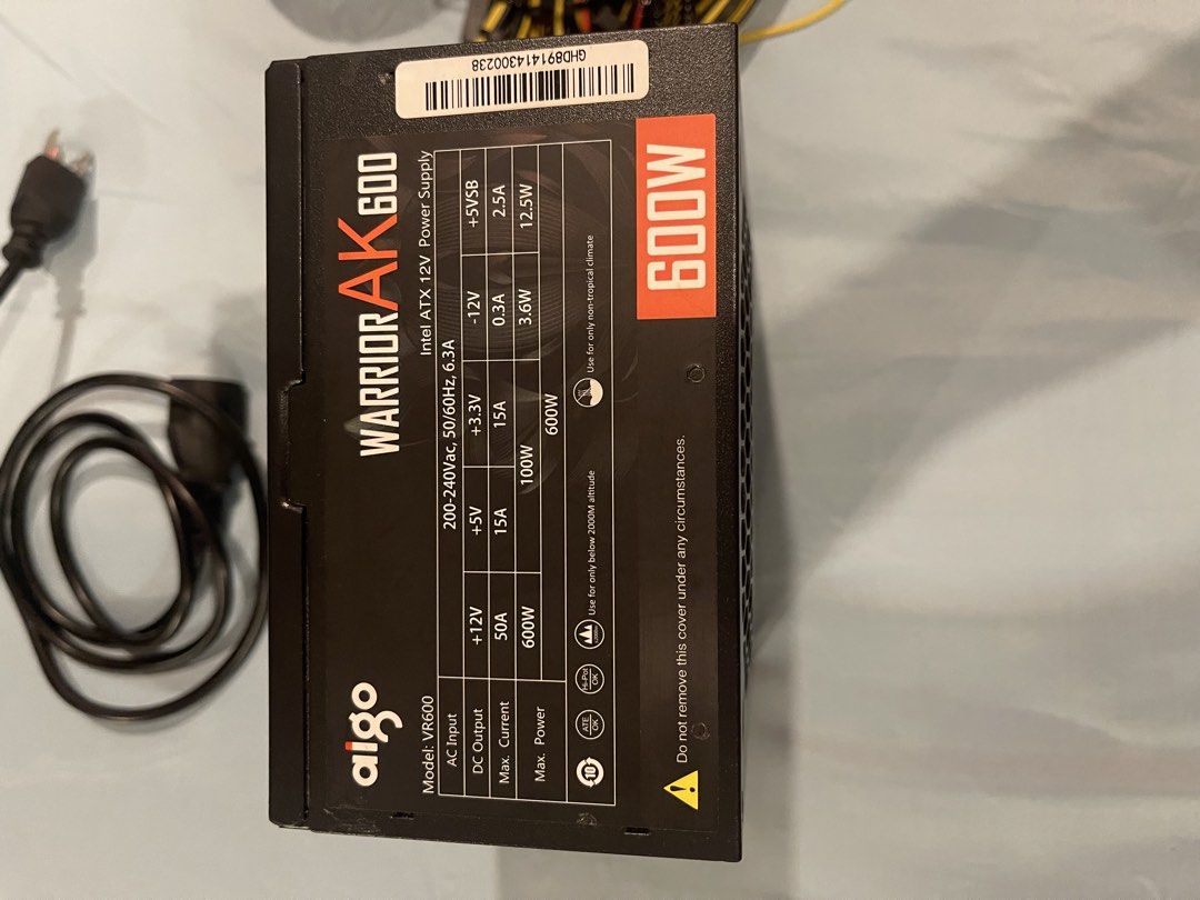 Aigo AK600 PSU (Category: Cables & Adaptors) located in Cainta. Submitted by jiggyrods (Listing ID 1468859088, Image 2). Description: Aigo Warrior AK600 PSU - 600W PSU; good for generic/low wattage PC build - No issue/s with power delivery RFS: Upgrades to new PSU; decluttering Price negotiable.