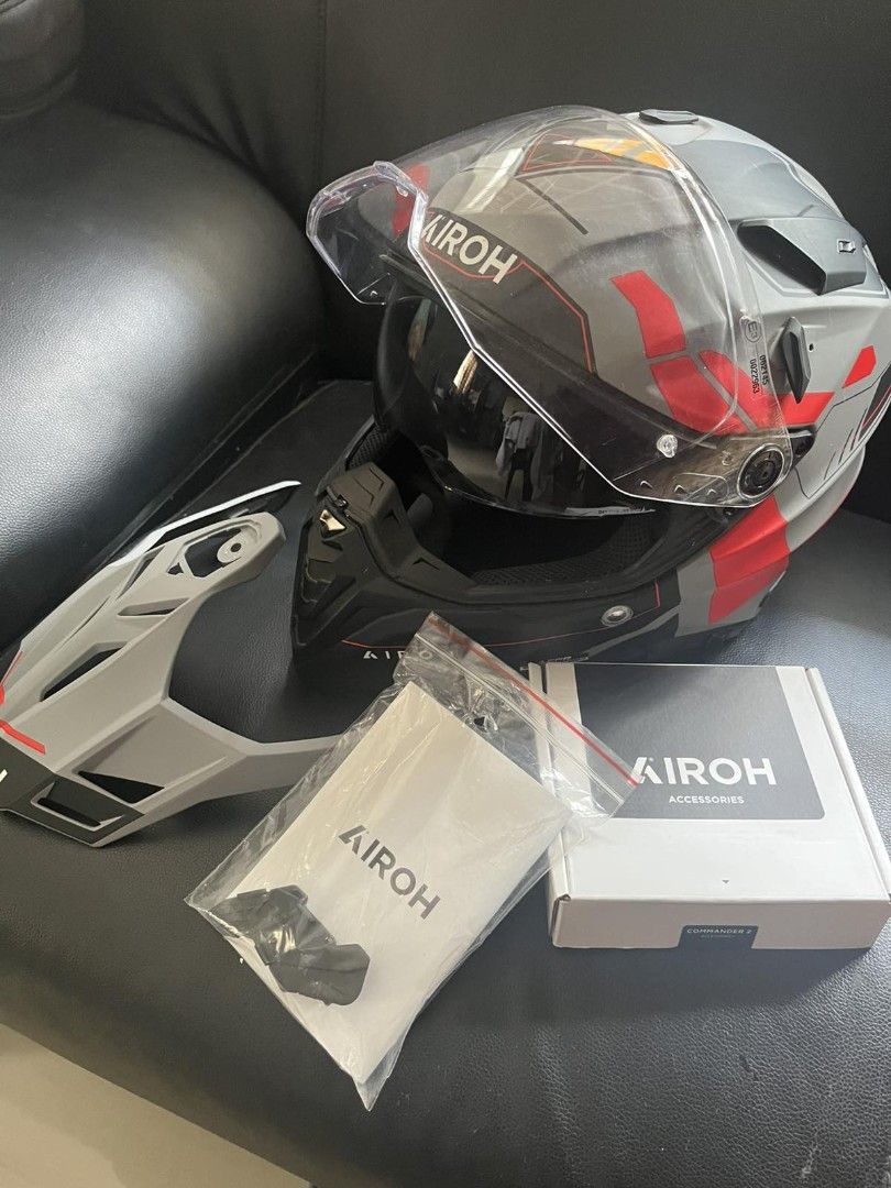 Airoh Commander 2 Helmet Size XL (Category: Coats, Jackets and Outerwear) located in Makati City. Submitted by cess2377 (Listing ID 1468809397, Image 1). Description: - Model: Airoh Commander 2 Adventure Helmet - Color: Grey and Red - Size: XL (59-60 cm) - Shield: Clear shield installed - Inclusions: Original box, manual, visor peak attachment, and accessories bag - Condition: Excellent, great gear upgrade for street and dirt riding - Location: P