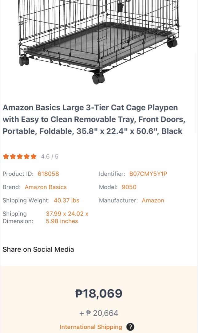Amazon Basics Large 3-Tier Cat Cage Playpen (Category: Homes & Other Pet Accessories) located in Binan City. Submitted by celestescloset (Listing ID 1468812059, Image 3). Description: - Brand: Amazon Basics Large 3-Tier Cat Cage / Playpen - Material/Color: Sturdy black wire construction - Dimensions: 35.8" x 22.4" x 50.6" - Features: Rolling wheels for easy mobility & foldable design for storage - Convenience: Removable plastic trays for hassle-f