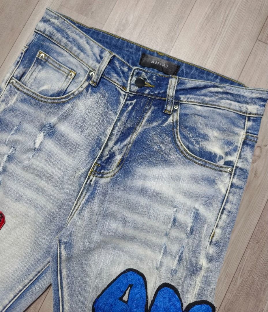AMIRI ALL-OVER CHENILLE VARSITY PATCH DISTRESSED JEANS (Category: Jeans) located in Manila. Submitted by ztfirtfritz (Listing ID 1468884007, Image 2). Description: AMIRI ALL-OVER CHENILLE VARSITY PATCH DISTRESSED JEANS LEGIT/OFF COMPLETE TAGS YKK ZIP SIZE 29 ON TAG MEASUREMENTS" WAIST: 30 RISE: 11 (FRONT) 15 (BACK) INSEAM: 30.5 LEG: 7 OPEN LEG: 6 LENGTH: 40 EXCELLENT FLAWS: HAVE WASHABLE STAIN 550 + SF.