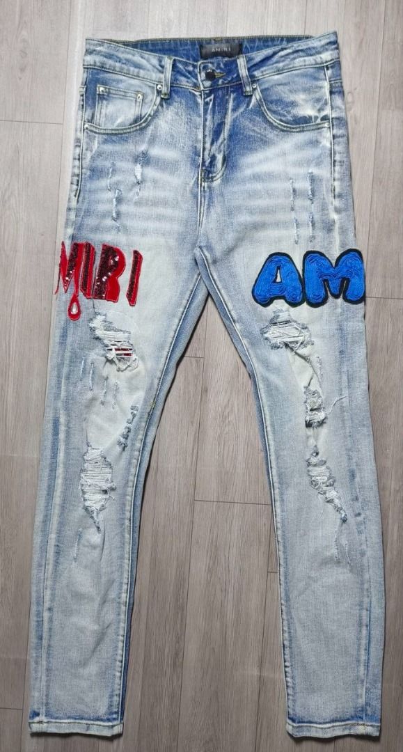 AMIRI ALL-OVER CHENILLE VARSITY PATCH DISTRESSED JEANS (Category: Jeans) located in Manila. Submitted by ztfirtfritz (Listing ID 1468884007, Image 1). Description: AMIRI ALL-OVER CHENILLE VARSITY PATCH DISTRESSED JEANS LEGIT/OFF COMPLETE TAGS YKK ZIP SIZE 29 ON TAG MEASUREMENTS" WAIST: 30 RISE: 11 (FRONT) 15 (BACK) INSEAM: 30.5 LEG: 7 OPEN LEG: 6 LENGTH: 40 EXCELLENT FLAWS: HAVE WASHABLE STAIN 550 + SF.
