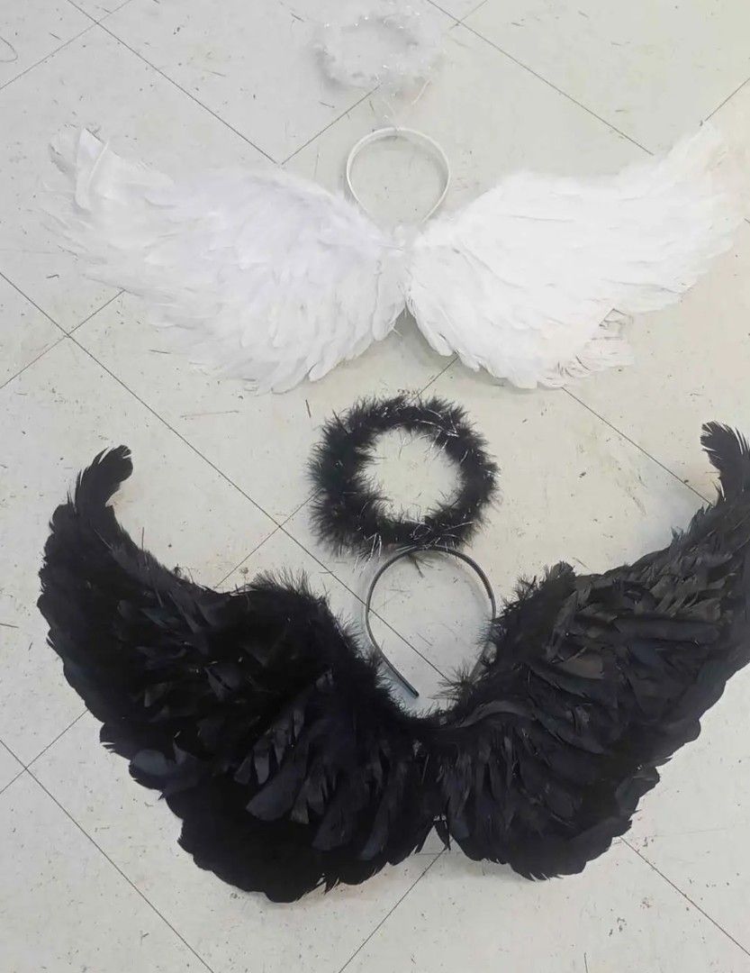 Angel and Devil Wing Costume Sets with Halos (Category: Babies & Kids Fashion) located in Manila. Submitted by zdmal (Listing ID 1468774203, Image 1). Description: - 2 Complete Costume Sets: Choose between angelic white or dark fallen angel black - What's Included: Feathered wings + matching feathered halo headband - Comfort First: Lightweight design with easy-to-wear elastic arm straps - Versatile Use: Perfect for Halloween, costume parties, cos