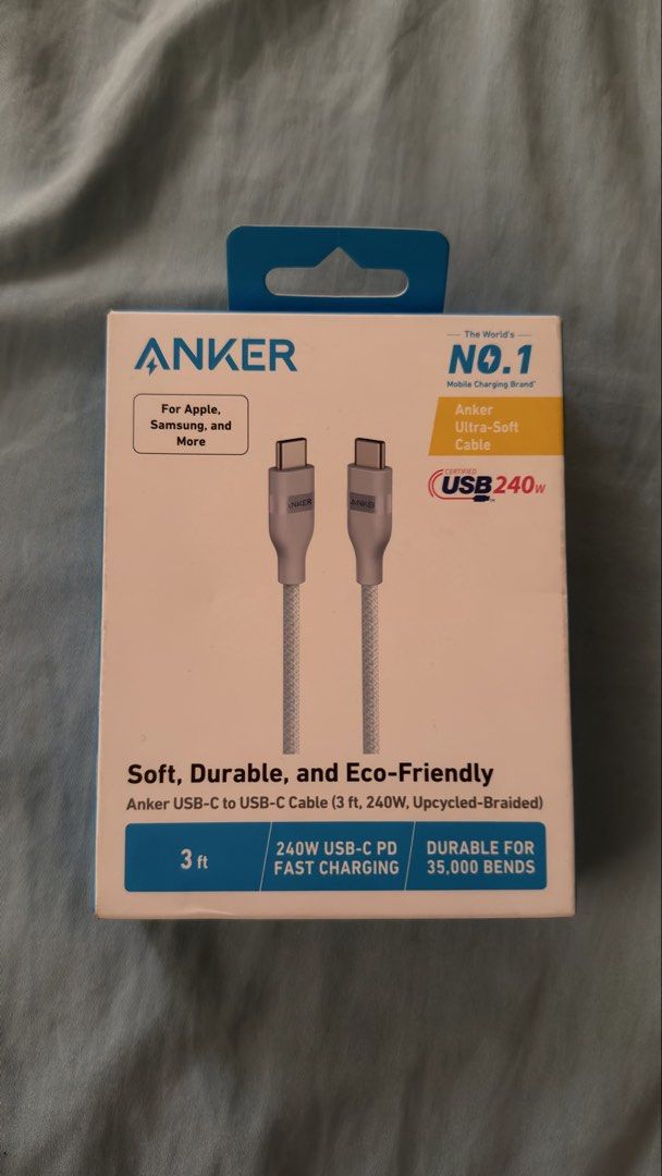 Anker USB-C Braided Cable 240W 3ft (blue) (Category: Chargers & Cables) located in Manila. Submitted by shobskaryll2004 (Listing ID 1468785082, Image 1). Description: - sealed, brand new - color: Blue - braided wire - 3ft - 240W.