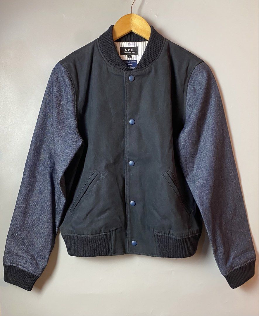 A.P.C Denim Varsity Jacket (Category: Coats, Jackets and Outerwear) located in Quezon City. Submitted by loloyz123 (Listing ID 1468836150, Image 1). Description: A.P.C Denim Varsity Jacket Condition: Very good Color rate: 10/10 Color: Black/ Denim Size: Large L: 23 W: 20.5 inches.