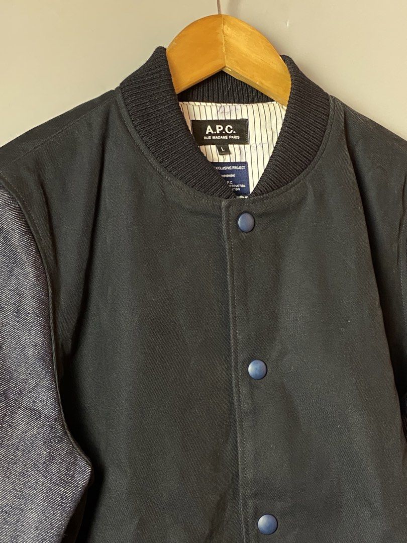 A.P.C Denim Varsity Jacket (Category: Coats, Jackets and Outerwear) located in Quezon City. Submitted by loloyz123 (Listing ID 1468836150, Image 2). Description: A.P.C Denim Varsity Jacket Condition: Very good Color rate: 10/10 Color: Black/ Denim Size: Large L: 23 W: 20.5 inches.