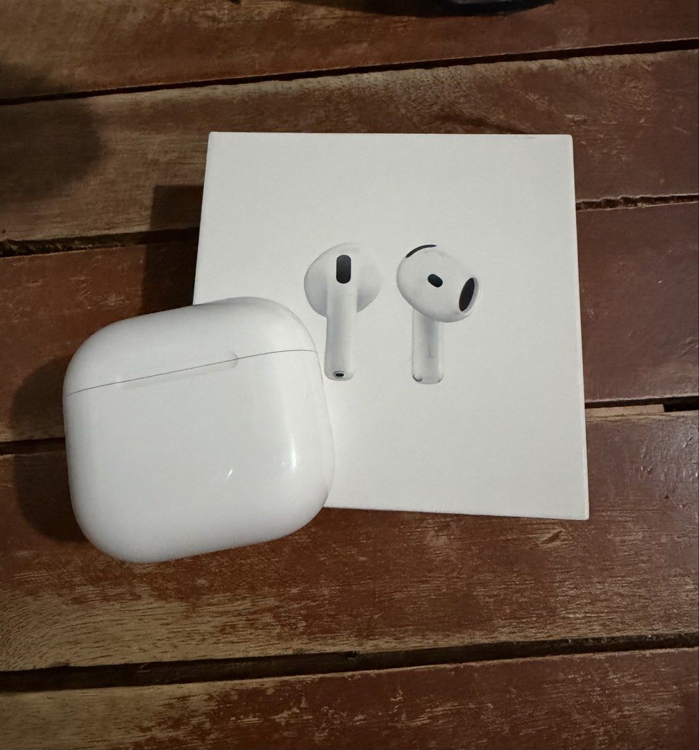 Apple AirPods 4 with Charging Case (Category: Earphones) located in Cavite. Submitted by thineramos (Listing ID 1468840426, Image 3). Description: - Model: Apple AirPods 4 (MXP63ZA/A) - Color: White - Condition: Gently used and in very good condition, extremely clean. - Battery: Holds a great charge - Inclusions: Charging case and original retail box - Perfect for an upgrade! RFS: Upgrade to Airpods5.