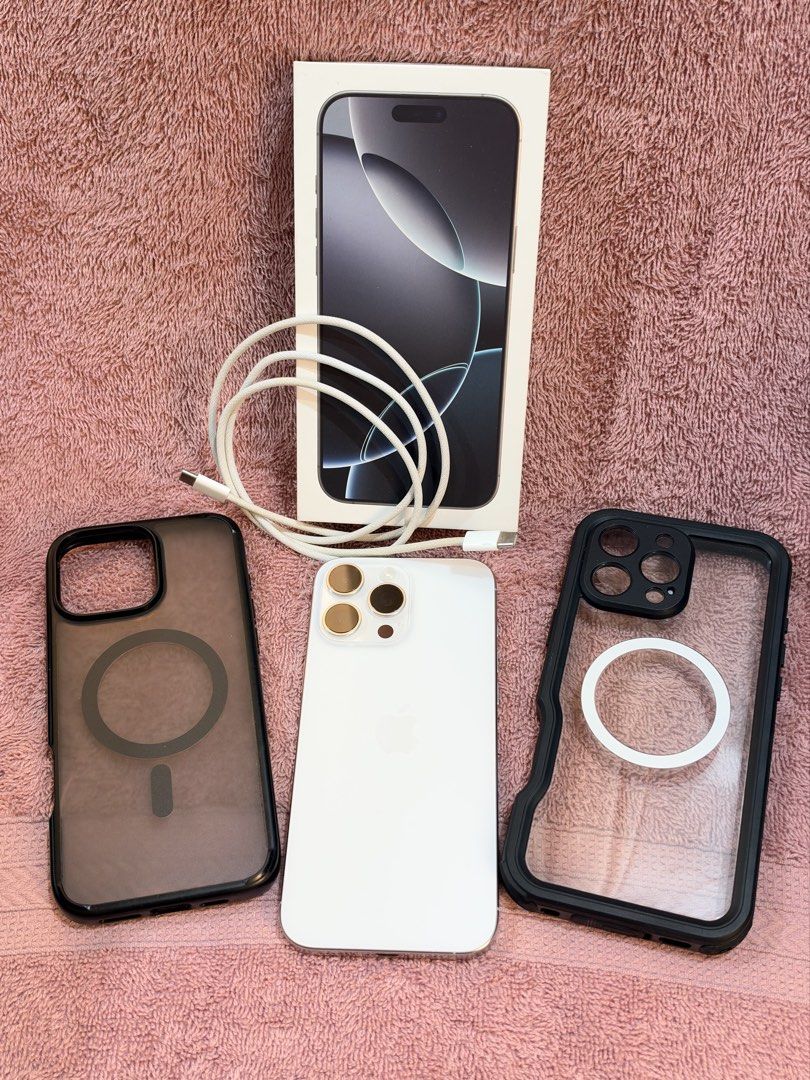 Apple iPhone 16 Pro Max, White Titanium, 512gb (Category: iPhone 16 Series) located in Cainta. Submitted by avsa19 (Listing ID 1468745739, Image 2). Description: Includes: Original Box USB-C Charge Cable Spigen Casing Waterproof Casing RFS: Extra phone, upgraded No dents, No Issues, All features and Hardware are working Battery Health: 92% if interested text me 09178048539.