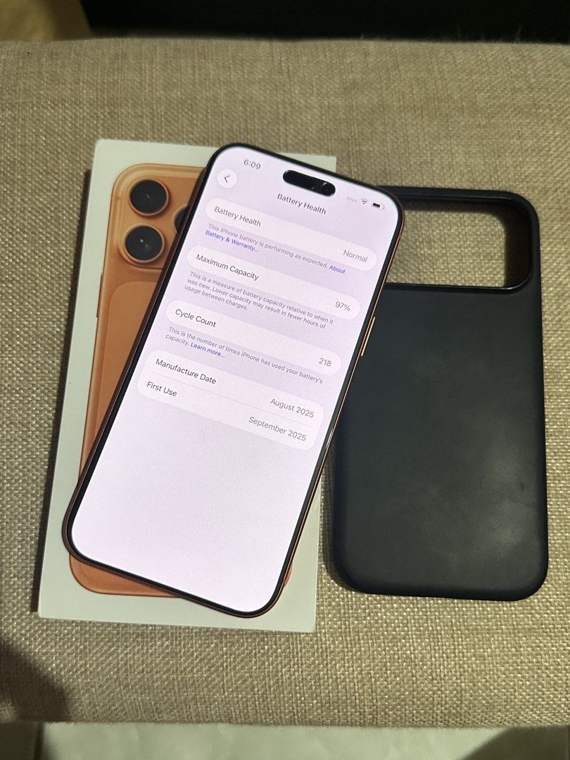 Apple iPhone 17 Pro Max Orange with Case and Box (Category: iPhone 17 Series) located in Manila. Submitted by jbuckets (Listing ID 1468853427, Image 3). Description: Upgrading phone soon, so passing this one on. ⭐️Iphone 17 Pro Max Factory Unlocked (NO ISSUE)⭐️ Color: Cosmic Orange Storage: 256gb Bought in PowerMac (SM Southmall) Battery Health: 97% Used for 1 year. No issue / history of repair. Inclusions: 🍭Original box 🍭Unused cord 🍭Original
