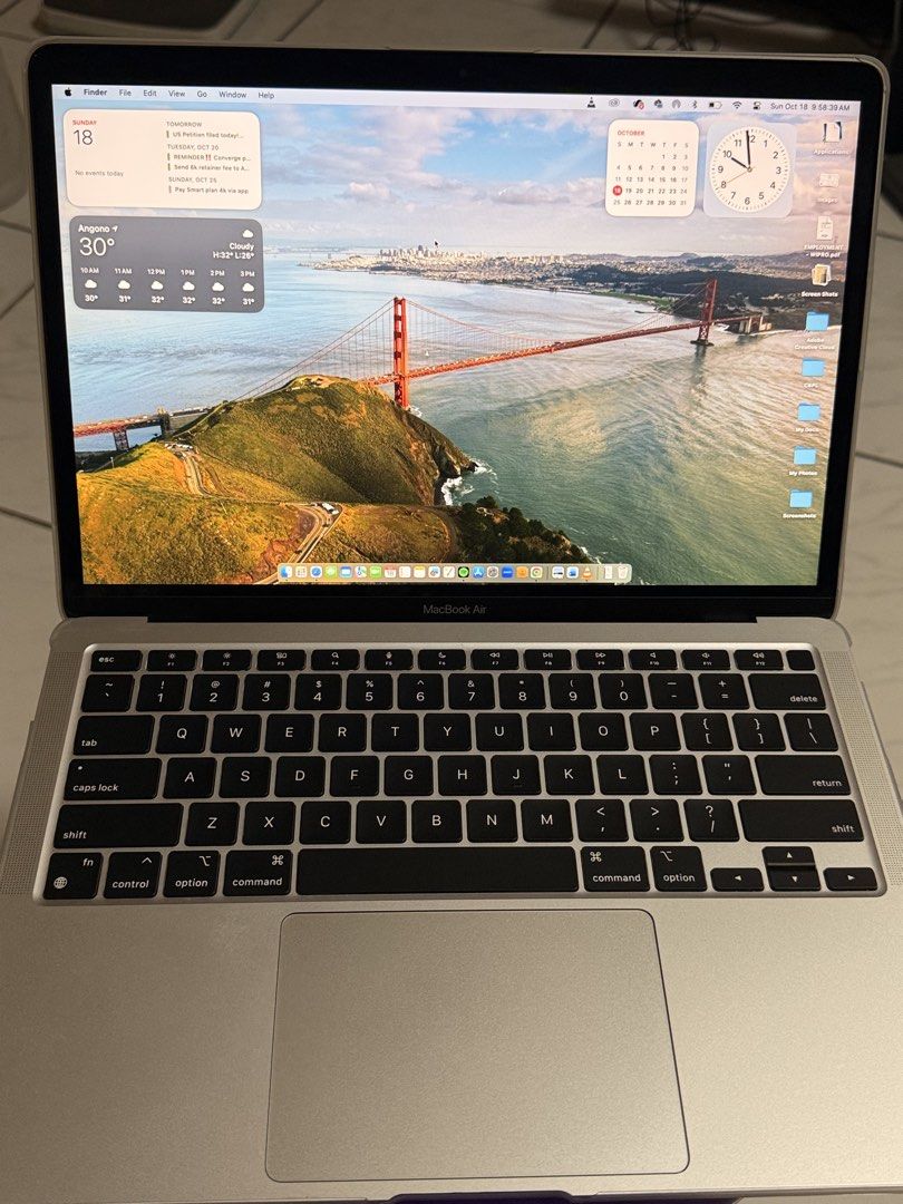 Apple MacBook Air M1 2020 Silver (Category: Laptops & Notebooks) located in Cainta. Submitted by lilpril (Listing ID 1468721836, Image 2). Description: - Model: Silver MacBook Air M1 2020 - Specs: ⚡ Apple M1 Chip 🧠 8GB RAM 💾 256GB SSD 🚀 8-Core CPU | 8-Core GPU 🔋 91% Battery Health - 139 cycle count only!! - Condition: Clean screen and well-maintained keyboard - Design: Classic Apple logo on the lid - Ideal For: Everyday tasks, online classes,