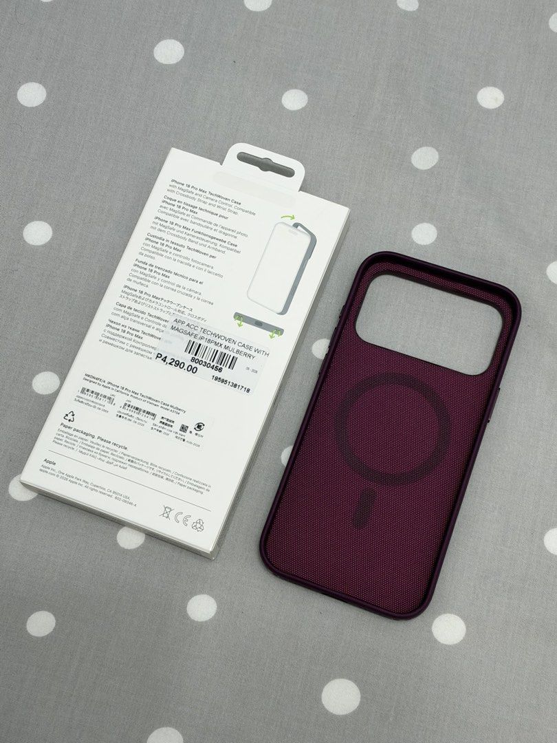 Apple Tech Woven Case Mulberry 18 Pro Max (Category: Cases & Sleeves) located in Taguig. Submitted by tc.shop_ (Listing ID 1468818974, Image 2). Description: Used 1x only Comes w/ official receipt from Beyond the Box.