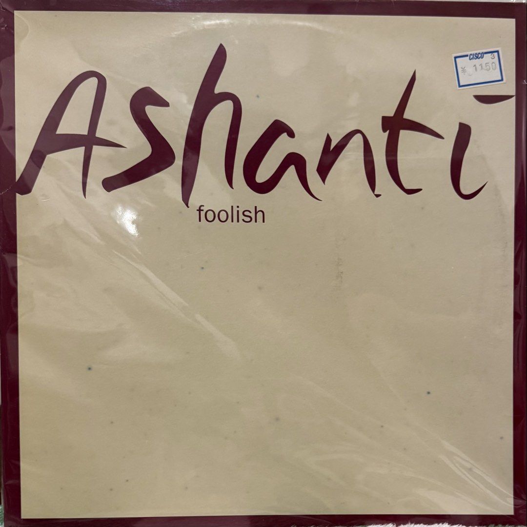 Ashanti Foolish Vinyl Record (Category: Vinyls) located in Quezon City. Submitted by hapirecords (Listing ID 1468752242, Image 1). Description: - Artist & Title: Ashanti - Foolish vinyl record - Genre: Classic 2000s R&B single release - Condition: Comes in a protective plastic sleeve with original store price sticker on the top right - Design: Cream background with striking dark red typography - Perfect for: Vinyl enthusiasts and R&B music collec