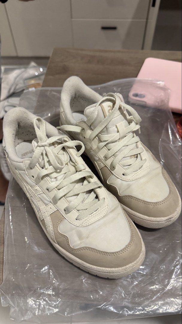 ASICS Cream Beige Sneakers Size US 6.5 (Category: Sneakers) located in Makati City. Submitted by andrae.thomas (Listing ID 1468889031, Image 1). Description: - Brand: ASICS - Colorway: Cream and beige with classic side stripes - Size: US 6.5 / EUR 39.5 / 25.0 cm - Insole: OrthoLite for all-day comfort - Origin: Made in Cambodia - Condition: Pre-owned with minor marks on the fabric and soles - With stains, seen on pictures Location: Makati Meet up