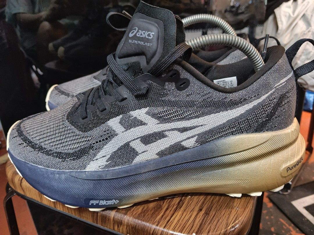 ASICS Superblast Running Shoes Size US 8 (Category: Sneakers) located in Manila. Submitted by mariarezap86451 (Listing ID 1468750993, Image 2). Description: - Brand/Model: ASICS Superblast - Colorway: Grey and Metallic Gold - Size: US 8 / EUR 41.5 / UK 7 - Cushioning: FF Blast+ and PureGEL technology for ultimate long-run comfort - Upper: Breathable mesh with iconic ASICS side branding - Condition: Excellent, with minimal wear on the soles.