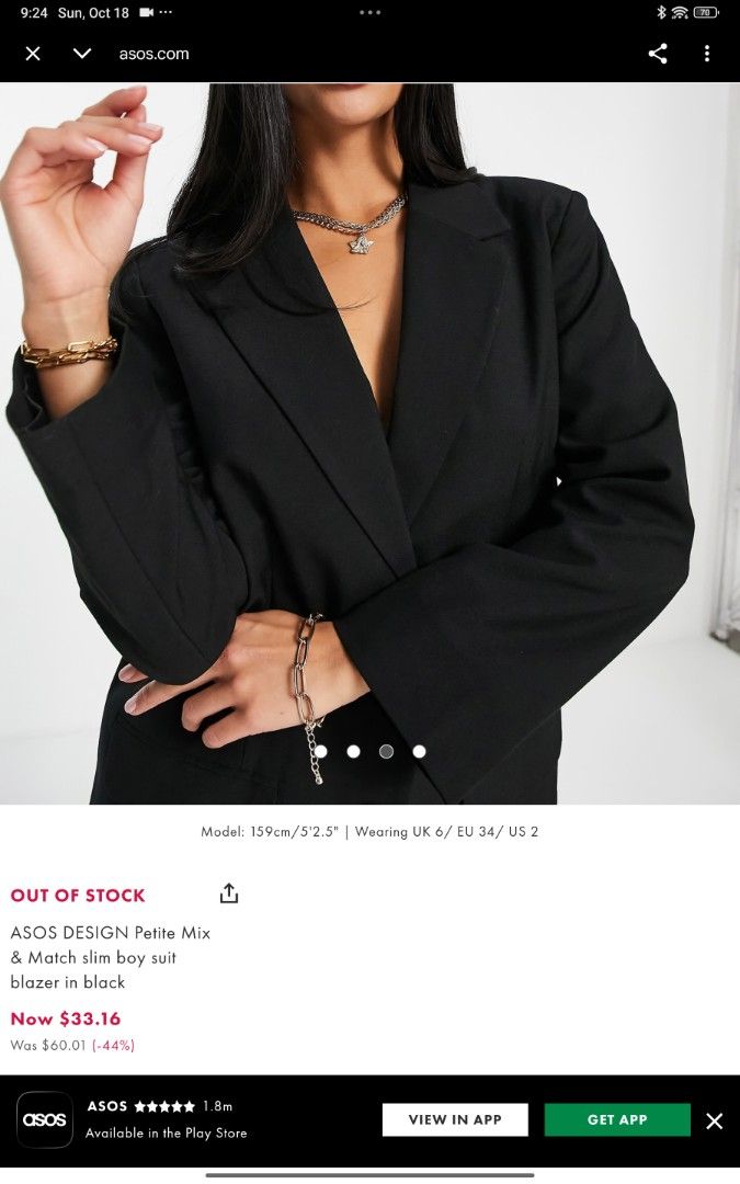 ASOS DESIGN Petite Black Blazer Jacket UK 6 US 2 (Category: Coats, Jackets and Outerwear) located in Muntinlupa City. Submitted by swiftowl.0cc8ab (Listing ID 1468853480, Image 3). Description: - Brand: ASOS Design - Size: Petite UK 6 / US 2 - Color: Classic black - Design: Open front with lapels and two front pocket flaps - Condition / Origin: Clean fabric, made in China - Style: Versatile basic piece perfect for workwear or smart casual looks.