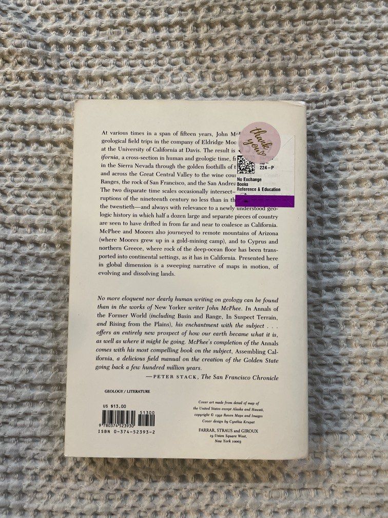 Assembling California by John McPhee (Category: Storybooks) located in Las Pinas. Submitted by yourneighbortotoro (Listing ID 1468792005, Image 2). Description: Assembling California by John McPhee 🌍 A masterclass in creative non-fiction and geological narrative, exploring the complex tectonic history, gold rushes, and dramatic land formation of California. 🔹 Title: Assembling California 🔹 Author: John McPhee 🔹 Format: Paperback Non-Fiction /