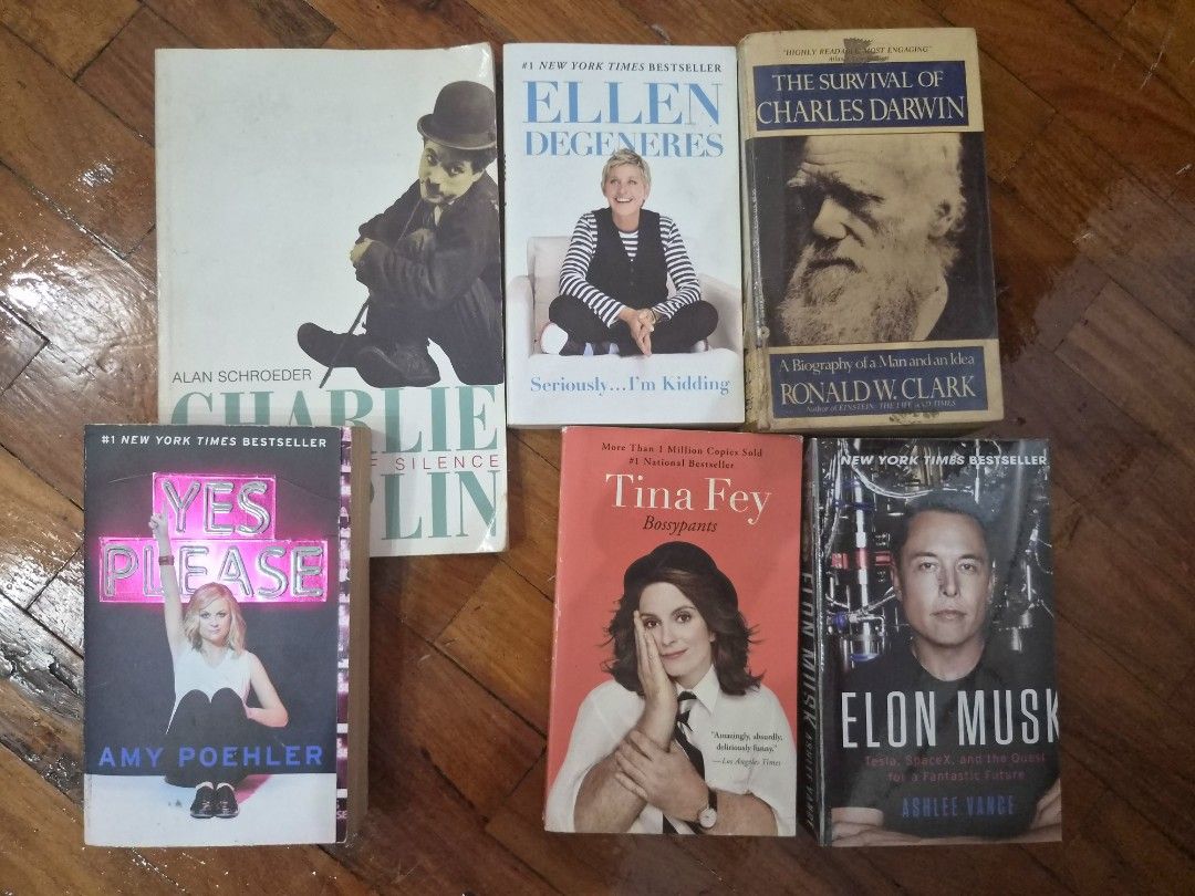 Assorted Biography and Comedy Paperback Books Lot (Category: Storybooks) located in Paranaque City. Submitted by recklessflyer (Listing ID 1468800573, Image 1). Description: Bundle of six paperback books. Includes biographies and memoirs by Ellen DeGeneres, Tina Fey, Amy Poehler, Elon Musk, Charlie Chaplin, and Charles Darwin. Various authors and subjects covering comedy, tech, and history. Great reads for a lazy weekend. Sold together as a set. 