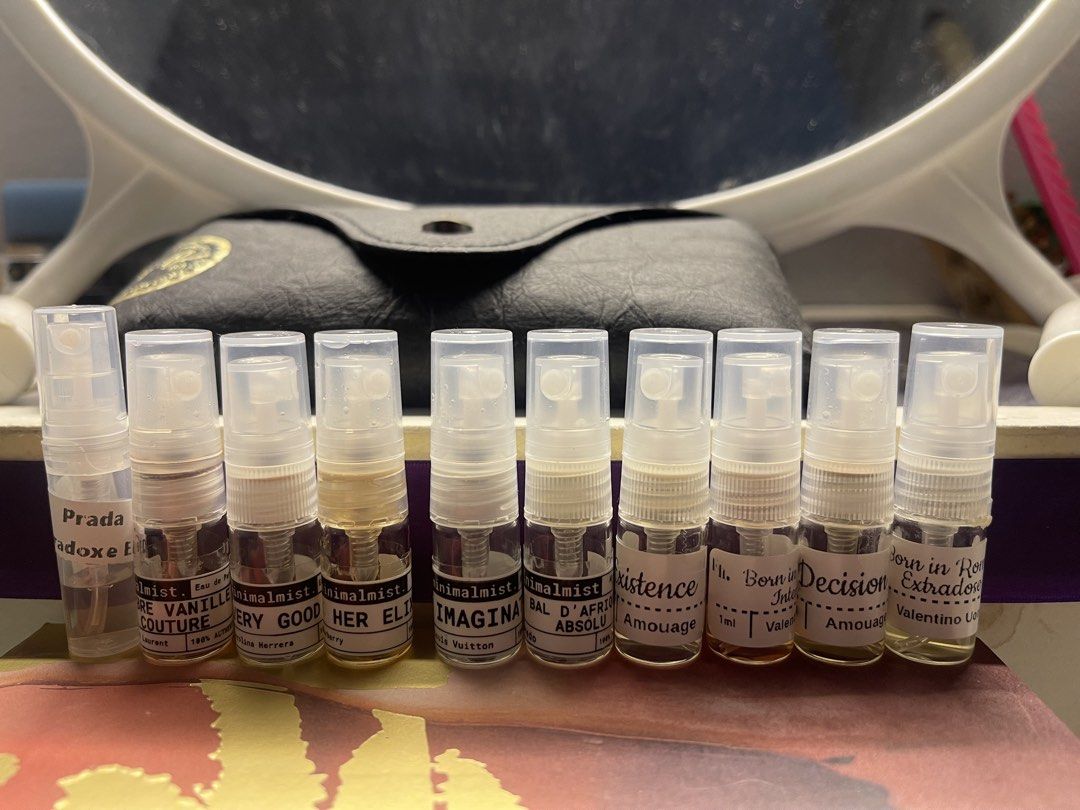 Assorted Perfume Decants (Category: Fragrance & Deodorants) located in Manila. Submitted by ehs15 (Listing ID 1468802977, Image 1). Description: 1ml decants, bought to sample the fragrance. Some are sprayed once only. For actual level, please send a pm. P80 each Burberry Her Elixir P100 each Prada Paradoxe EDP YSL Libre Vanilla Couture Carolina Herrera Very Good Girl Louis Vuitton Imagination Valentino Uomo Born in Roma Intense Valentino Uomo Bor