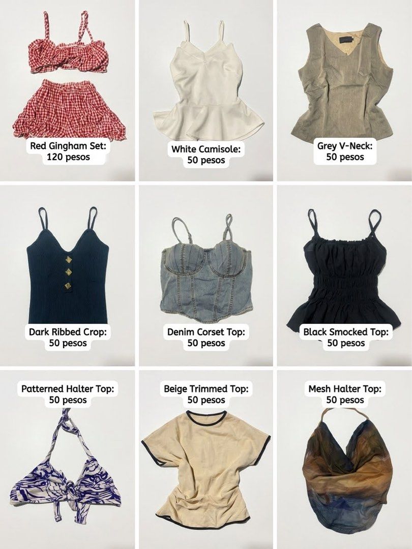 Assorted Tops and Sets (Category: Blouses) located in Manila. Submitted by epicphoenix-e3488a (Listing ID 1468805705, Image 1). Description: - Closet clearout sale: Multiple stylish tops and sets available - Variety of styles: Red gingham set, white camisole, grey v-neck, dark ribbed crop, denim corset top, black smocked top, patterned halter top, beige trimmed top, and mesh halter top - Affordable prices: ₱50 to ₱120 each (as marked in photos) -