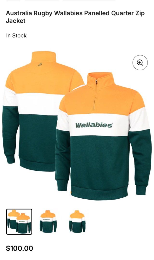 Australia Rugby Wallabies Panelled Quarter Zip Jacket (Category: Coats, Jackets and Outerwear) located in Quezon City. Submitted by dig.it.records (Listing ID 1468795042, Image 1). Description: - Authentic Australia Rugby Wallabies panelled quarter zip jacket - Bold gold, white, and green color-blocking design - Embroidered Wallabies text logo on the chest and iconic kangaroo logo on the back collar - Comfortable ribbed cuffs and high neck collar
