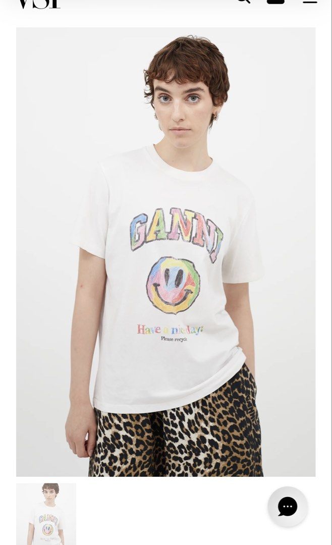 authentic GANNI Have A Nice Day Smiley T-Shirt White (Category: Shirts) located in Cagayan de Oro. Submitted by sepamorash53558 (Listing ID 1468733021, Image 1). Description: - Brand: GANNI - Color: White - Material: Soft cotton, Made in Portugal - Fit: Relaxed, casual everyday piece - Design: Colorful crayon-style 'GANNI' lettering with smiley face and 'Have a nice day! Please recycle' text - Flaw: Minor yellowing on the collar due to wear and a