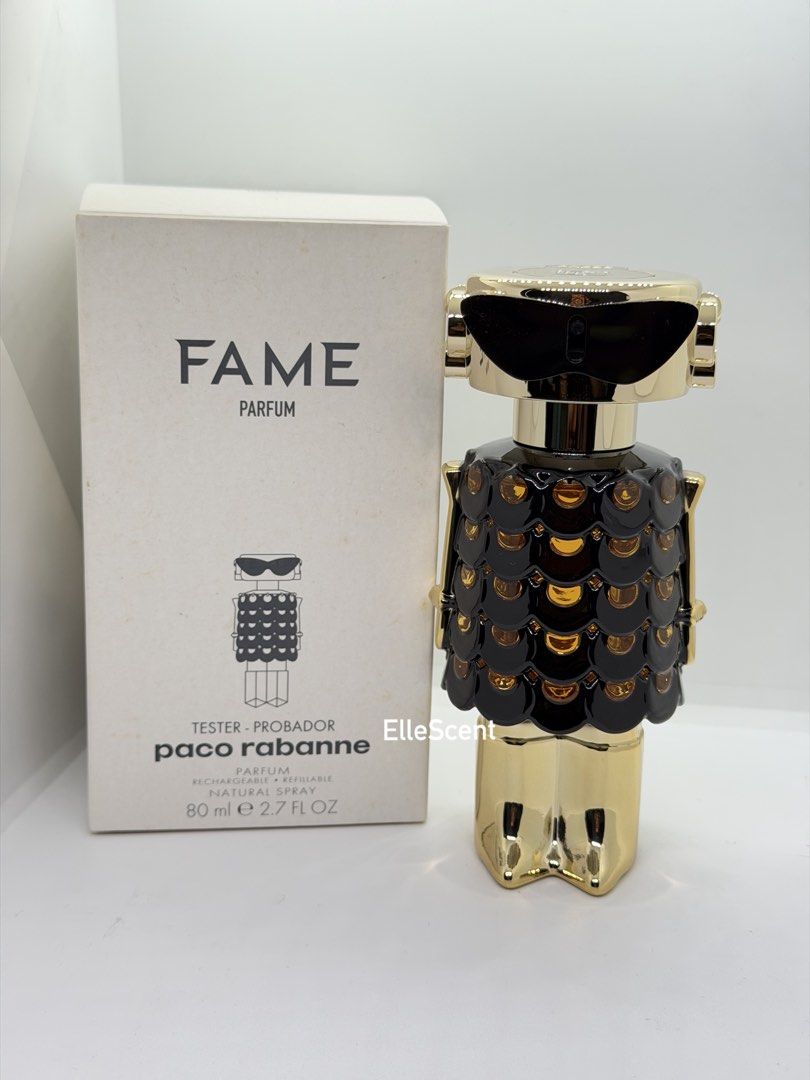 Authentic Paco Rabanne Fame Parfum Tester (Category: Fragrance & Deodorants) located in Mandaluyong City. Submitted by elle_scent (Listing ID 1468832823, Image 2). Description: PACO RABANNE FAME PARFUM 80ML A bold, sensual, and sophisticated fragrance from Paco Rabanne! Fame Parfum is perfect for women who love a luxurious, confident, and captivating scent. 🖤 🌸 Scent Profile * Top notes: Mango and bergamot * Heart notes: Jasmine * Base notes: C