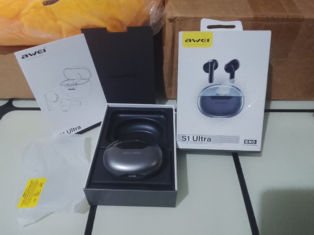 Awei S1 Ultra True Wireless Gaming Earbuds (Category: Earphones) located in Bulacan. Submitted by blithecamp40 (Listing ID 1468712522, Image 2). Description: - Brand: Awei S1 Ultra True Wireless Gaming Earbuds - Color: Dark Grey - Condition: Brand new, unboxed only to take photos (never used) - Inclusions: Complete with charging case, manual, and original retail packaging - Key Features: ENC call noise reduction - Ideal for: Mobile gaming and lis