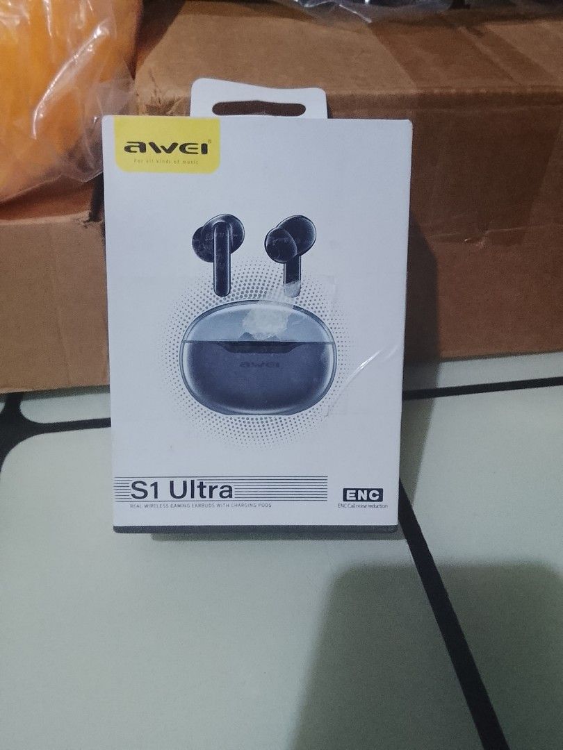 Awei S1 Ultra True Wireless Gaming Earbuds (Category: Earphones) located in Bulacan. Submitted by blithecamp40 (Listing ID 1468712522, Image 3). Description: - Brand: Awei S1 Ultra True Wireless Gaming Earbuds - Color: Dark Grey - Condition: Brand new, unboxed only to take photos (never used) - Inclusions: Complete with charging case, manual, and original retail packaging - Key Features: ENC call noise reduction - Ideal for: Mobile gaming and lis