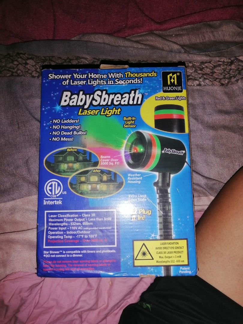 Babysbreath Laser Light Red and Green (Category: Lighting) located in Quezon City. Submitted by rolenalma (Listing ID 1468796506, Image 3). Description: - Instant holiday and party lighting: Covers over 3,000 sq ft with thousands of laser lights - Hassle-free setup: No ladders, no hanging, and no dead bulbs—just plug it in - Built for all weather: Weather-resistant housing with a built-in light sensor - Versatile use: Perfect for both indoor and 