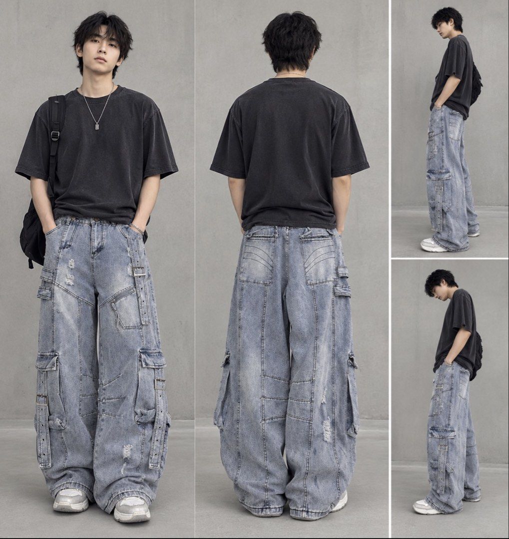 Baggy Cargo Denim Jeans (Category: Jeans) located in Lipa City. Submitted by cokelight11 (Listing ID 1468821163, Image 1). Description: Baggy Cargo Denim Pants Size 28-29 Light wash denim cargo pants with multiple utility pockets, buckle straps, and distressed details. Super baggy fit down the leg. Heavyweight denim with contrast stitching. Great streetwear piece..