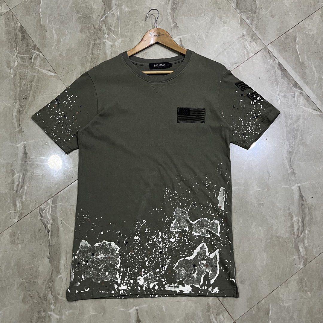 BALMAIN PAINT SPLATTER ARMY TSHIRT (Category: Luxury Apparel) located in Marikina City. Submitted by arniejane23 (Listing ID 1468882240, Image 1). Description: BALMAIN PAINT SPLATTER ARMY TSHIRT SIZE L on tag DIMENSION width - 20.5 length - 28 CUT WASHTAG NO ISSUE/NO FLAWS EXCELLENT CONDITION!! 📩📩📩.