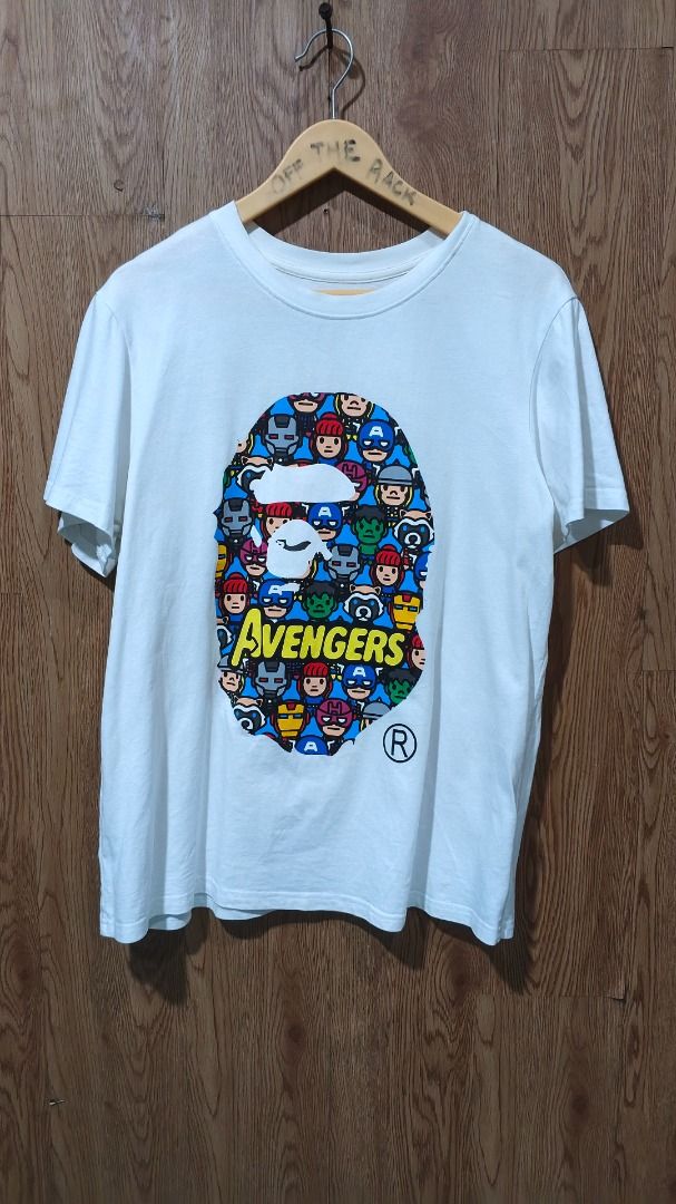Bape Avengers Medium (Category: Tshirts & Polo Shirts ) located in Oton. Submitted by offtherack.ilocity (Listing ID 1468738548, Image 1). Description: - Brand: Bape - Color: White - Size: Length 27; Width 21 Medium .