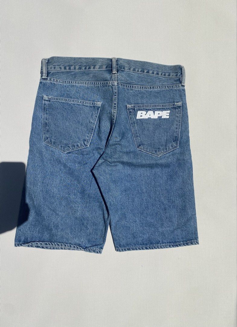 BAPE Denim Shorts Size M Blue (Category: Shorts) located in Tagum. Submitted by waaap420 (Listing ID 1468896829, Image 2). Description: - Brand: BAPE (A Bathing Ape) - Item: Denim Shorts - Color/Wash: Clean Blue Wash - Size: Medium - Fit: Classic fit with zipper fly and button closure - Details: Small BAPE logo tag on front placket - Feature: Bold BAPE lettering printed across back right pocket - Condition: Excellent, ready to wear.