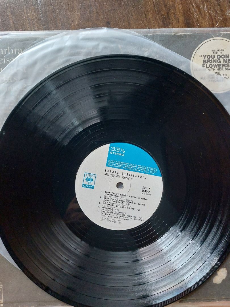 Barbra Streisans Greatest Hits Volume 2 Vinyl Record (Category: Vinyls) located in Quezon City. Submitted by safefish_95f205 (Listing ID 1468720288, Image 2). Description: - Artist & Title: Barbra Streisand - Greatest Hits Volume 2 Vinyl LP - Label / Catalog No.: CBS / Sony (LP-1243) - Notable Tracks: Includes 'You Don't Bring Me Flowers' and 'Evergreen' - Condition: Black vinyl plays at 33 1/3 stereo; jacket has visible edge wear and scuffing fr