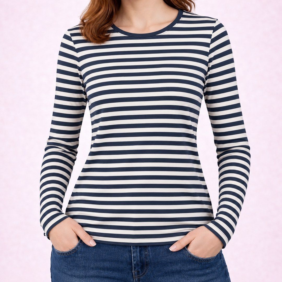 BASICS Black and White Striped Long Sleeve Top (Category: Longsleeves) located in San Ildefonso. Submitted by rgdeclutters (Listing ID 1468747289, Image 2). Description: L - 23" W - 13".