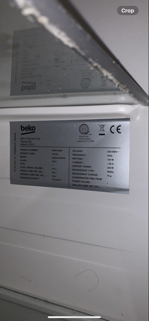 Beko GNO4331XPPH Side-by-Side Refrigerator 472L (Category: Refrigerators and Freezers) located in Manila. Submitted by jolyn_ppp (Listing ID 1468817706, Image 3). Description: 📣 FOR SALE: BEKO SIDE-BY-SIDE REFRIGERATOR 🧊 💸 ₱20,000 — NEGOTIABLE ✨ Brand: Beko ✨ Model: GNO4331XPPH ✨ Capacity: 472L gross ✨ Purchased in 2022 ✨ Spacious side-by-side refrigerator and freezer 📍 Location: Valenzuela City 📩 Message me for inquiries and more details. O