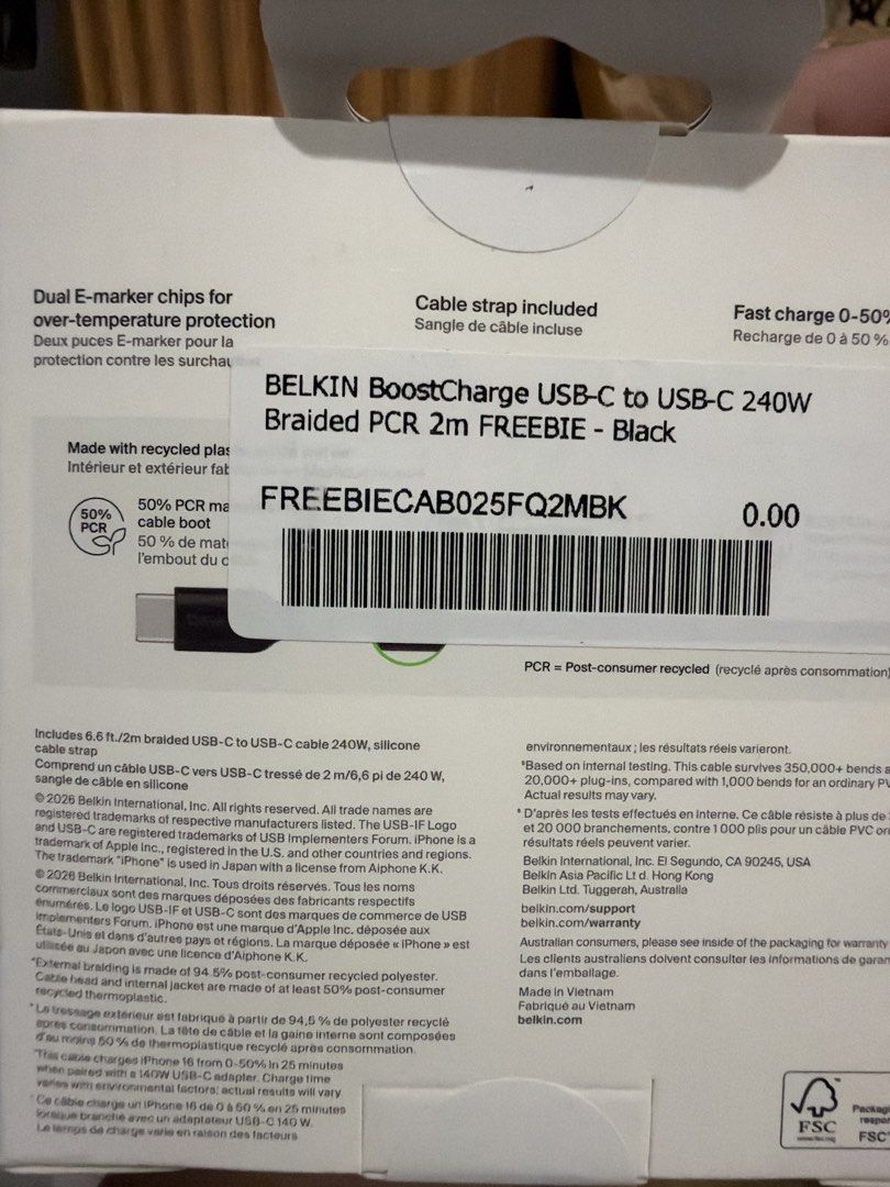 Belkin BoostCharge USB-C to USB-C 240W (Category: Chargers) located in Quezon City. Submitted by pattyyspreloved (Listing ID 1468801496, Image 2). Description: Never used. Brand new .