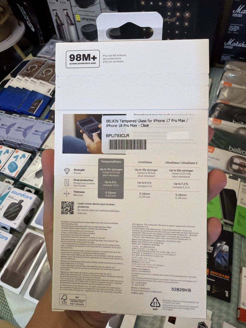 Belkin ScreenForce Tempered Glass (Category: Cases & Sleeves) located in Quezon City. Submitted by law.1789 (Listing ID 1468880723, Image 2). Description: - Brand: Belkin - Model: ScreenForce Tempered Glass for iPhone 17 / 18 Pro Max - Color: Clear - Durability: Up to 15x stronger than traditional glass - Drop Protection: Up to 6 ft / 1.8m - Features: Includes Easy Align tray for effortless installation - Condition: Brand new in box.