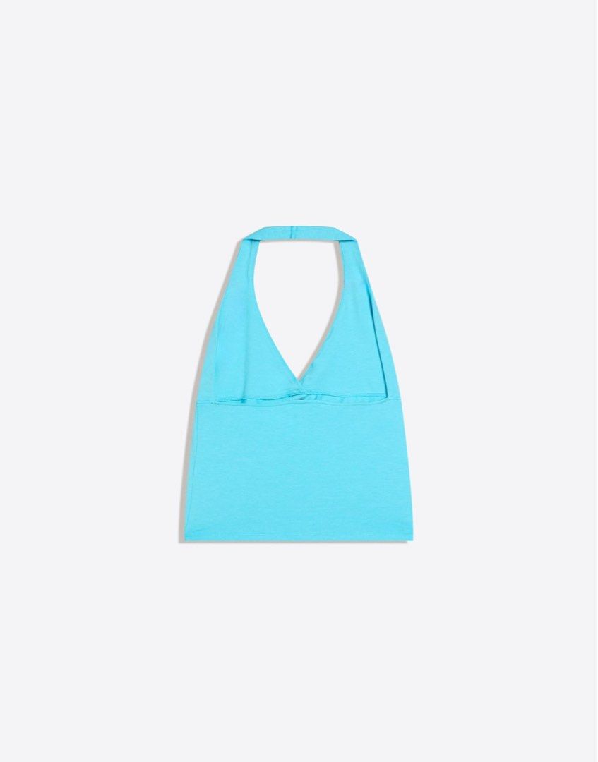 Bershka halter neck top (Category: Sleeveless) located in Quezon City. Submitted by hanwardrobe (Listing ID 1468854662, Image 3). Description: -size small 🩵.