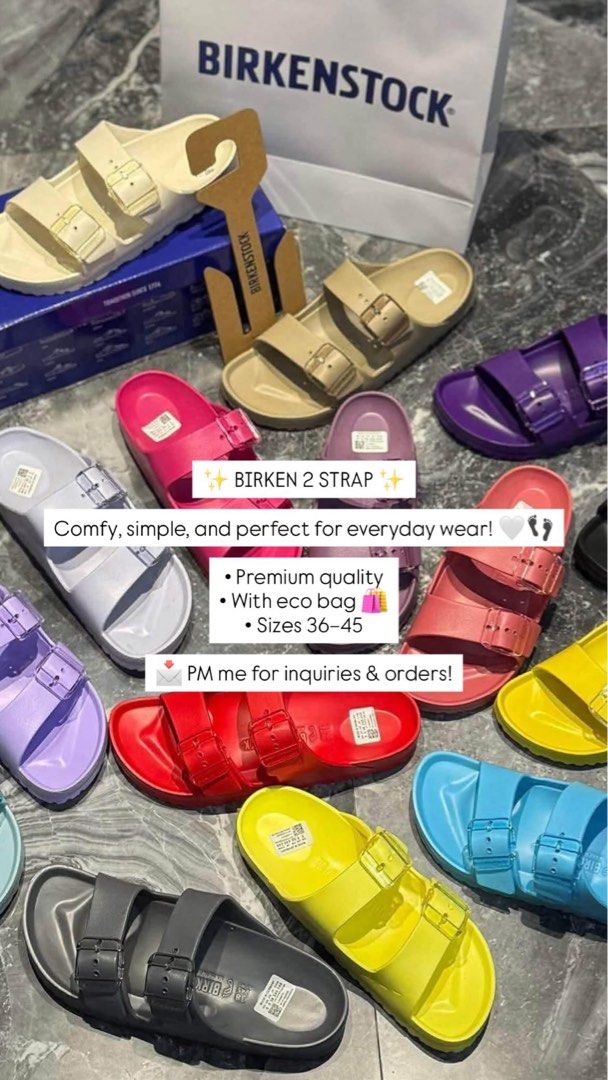 Birkenstock 2 Strap Sandals Multiple Colors Sizes 36-45 (Category: Flats & Sandals) located in Manila. Submitted by silverlion_7d2d82 (Listing ID 1468844935, Image 1). Description: ALL DESCRIPTION INCLUDED IN THE PICTURE.