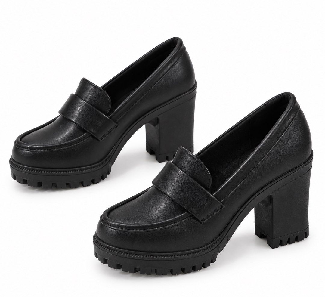 Black Chunky Heel Platform Loafers (Category: Loafers) located in Taytay. Submitted by theziatique (Listing ID 1468916657, Image 1). Description: Black chunky loafers with lug soles and thick block heels. Slip-on design featuring a classic penny strap across the front. Platform front adds extra height and comfort. Clean matte finish throughout. Great staple piece for daily wear or school outfits..