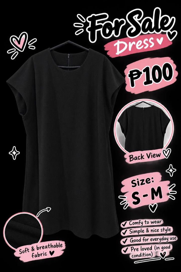 Black Dress Cap Sleeve Size S-M (Category: Dresses) located in Pasig City. Submitted by my_angels_closet (Listing ID 1468713378, Image 1). Description: - Color: Solid black - Style: Cap sleeves with a back neckline zipper - Fabric: Soft, breathable, and comfortable for all-day wear - Size: Fits Small to Medium - Versatility: Perfect for any occasion and easy to style.