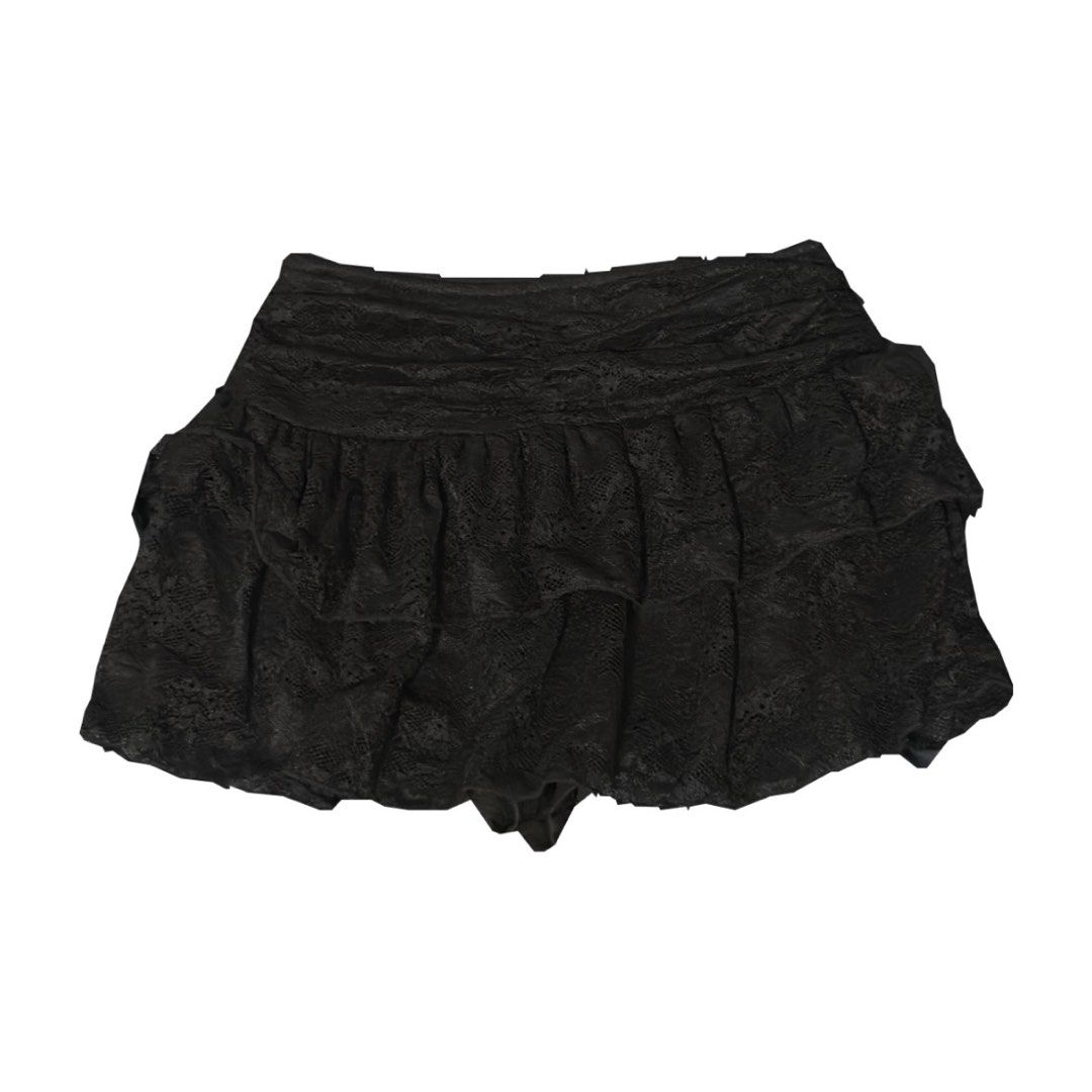 Black lace tiered mini skort (Category: Skirts) located in Davao. Submitted by santuarley (Listing ID 1468892280, Image 1). Description: - Black lace mini skirt with layered ruffles and inner shorts - Flared, tiered design with great volume - Lightweight fabric with intricate floral lace pattern - Short length - Perfect for halloween!!.