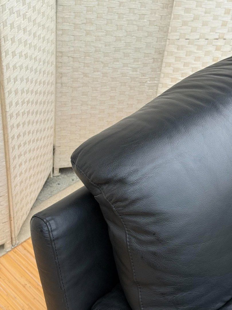 Black Leather 2-Seater Sofa (Category: Sofas) located in Manila. Submitted by justinlei.103 (Listing ID 1468846819, Image 2). Description: JAPAN SURPLUS 2-3 SEATER BLACK LEATHER SOFA IN GOOD CONDITION SIZE: 16H x 74.5L x 34.5W inches.