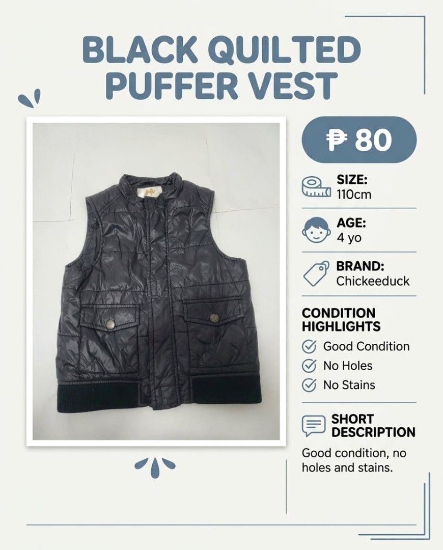 Black Puffer Jacket 4T (Category: Babies & Kids Fashion) located in Pasig City. Submitted by jam1ekow (Listing ID 1468864605, Image 1). Description: no holes no stains 4 yo size.