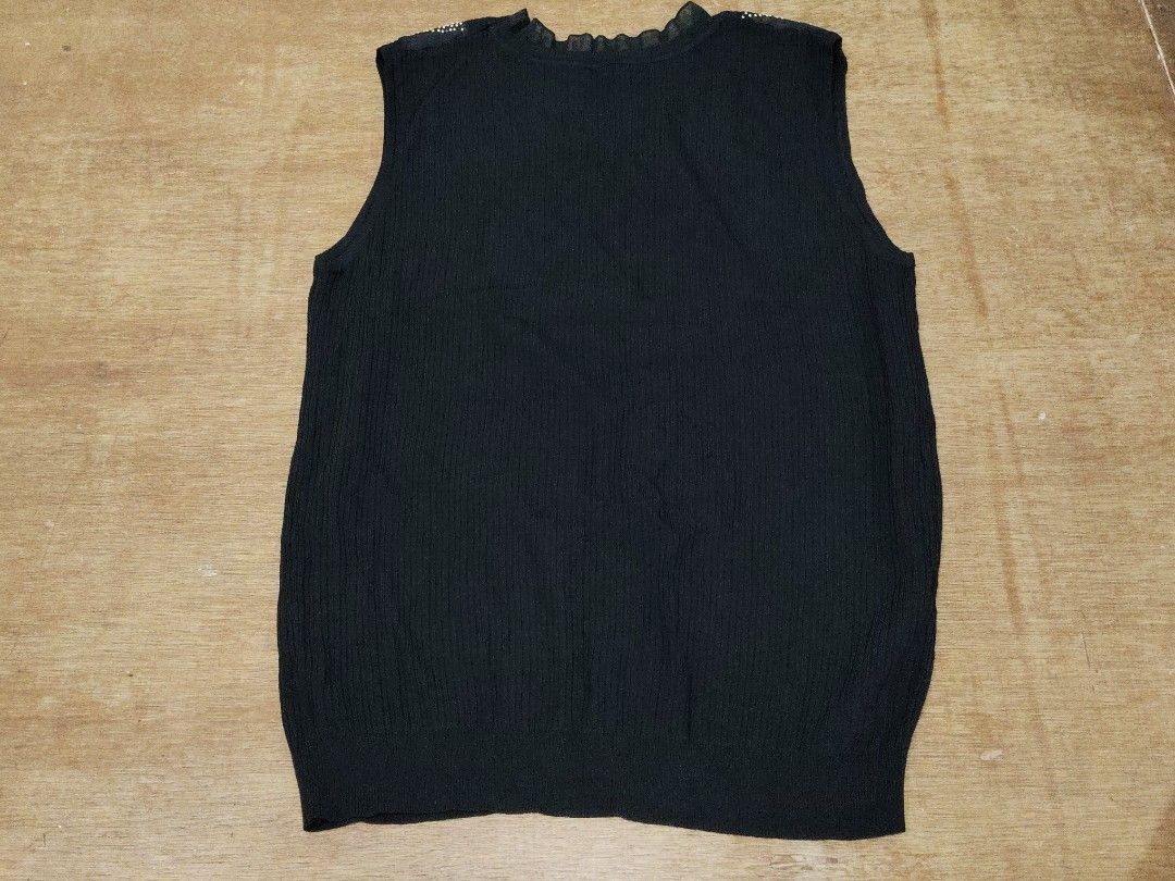 Black sleeveless top with rhinestone shoulders (Category: Sleeveless) located in San Juan City. Submitted by rhennx (Listing ID 1468905313, Image 3). Description: - Color: Black - Style: Sleeveless knit top with pull-on design - Details: Eye-catching rhinestones on both shoulders with a delicate ruffled round neckline - Fit: Straight hem at the waist, thick fabric - Versatility: Perfect for pairing with your favorite jeans or skirts for an effort