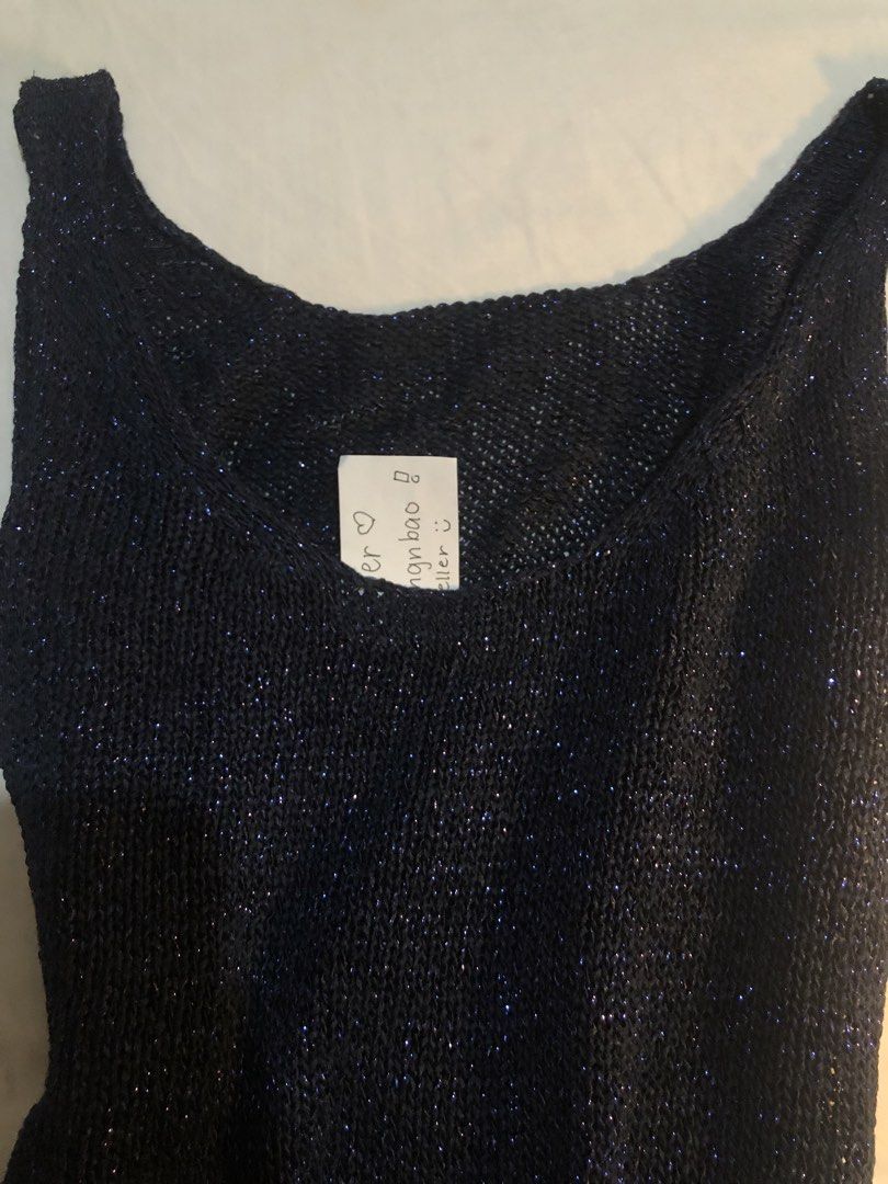 black chic 2000s sparkly knit tank tee (Category: Sleeveless) located in Manila. Submitted by blehgnbao (Listing ID 1468771885, Image 3). Description: 🤍 from cavite area •never worn only stored in closet •metallic and much more shiny irl • perf for layering and night outings •unbranded sf covered by buyer :) lalamove delivery & gcash payment only. dm for more details!.
