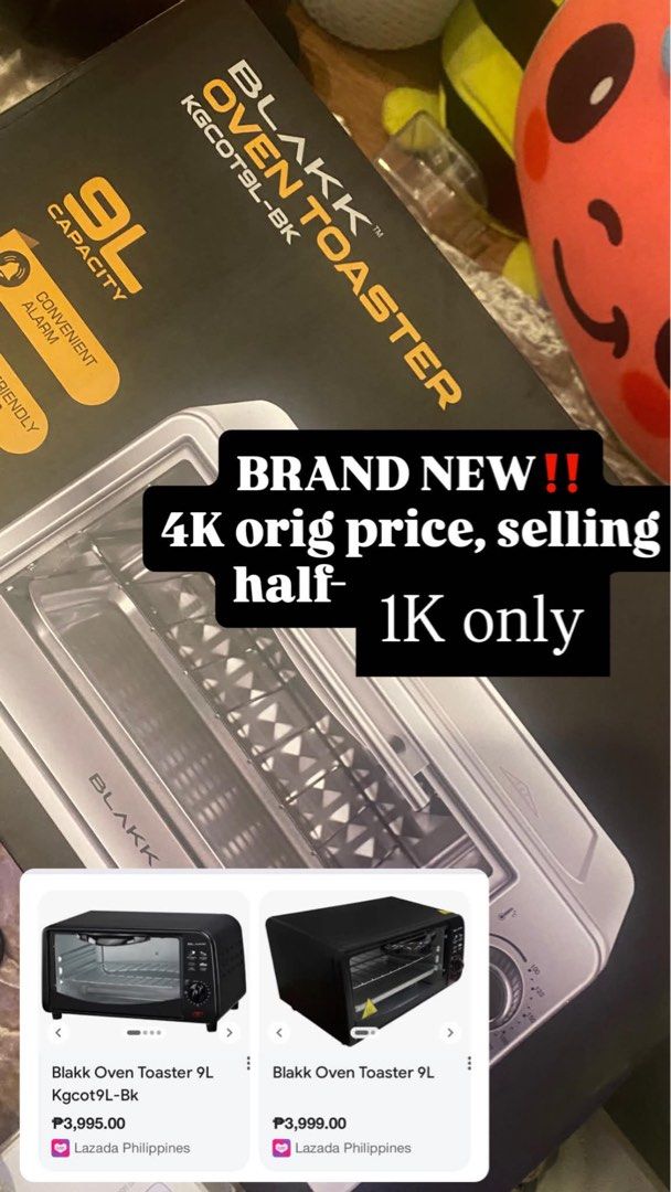 Blakk Oven Toaster 9L Kgcot9l-Bk (Category: Ovens & Toasters) located in Manila. Submitted by micadanillie (Listing ID 1468895605, Image 1). Description: - Brand: Blakk - Capacity: 9L compact size - Color: Sleek black - Condition: Brand new in box (BNIB), never opened or used - Features: Convenient timer and alarm - Ideal for: Small kitchens, dorms, and quick meals - Price note: Original retail is around ₱4K, grab a bargain!.